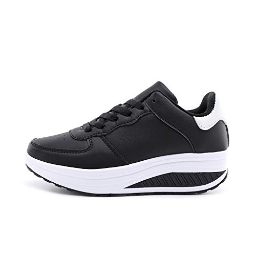 Zapatillas Deportivas Mujer Calzado Deportivo para Adelgazar y Elásticas Zapatos de Plataforma de Cuña de Fitness Zapatos Casuales Zapatillas de Andar Antideslizantes Portátiles Blanco Negro, 38 EU