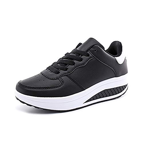 Zapatillas Deportivas Mujer Calzado Deportivo para Adelgazar y Elásticas Zapatos de Plataforma de Cuña de Fitness Zapatos Casuales Zapatillas de Andar Antideslizantes Portátiles Blanco Negro, 38 EU
