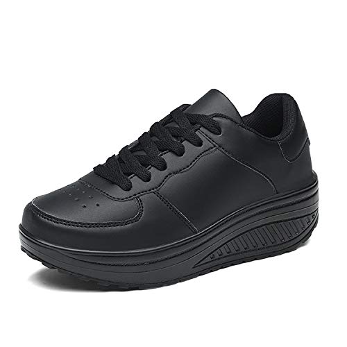 Zapatillas Deportivas Mujer Calzado Deportivo para Adelgazar y Elásticas Zapatos de Plataforma de Cuña de Fitness Zapatos Casuales Zapatillas de Andar Antideslizantes Portátiles Cómodas Negro, 38 EU