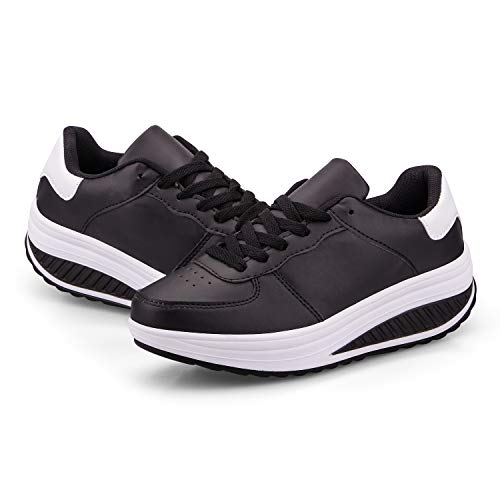 Zapatillas Deportivas Mujer Calzado Deportivo para Adelgazar y Elásticas Zapatos de Plataforma de Cuña de Fitness Zapatos Casuales Zapatillas de Andar Antideslizantes Portátiles Blanco Negro, 38 EU