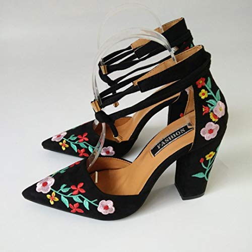 Zapato mujer negro bordado, Covermason Bordado de flores silvestres para mujeres con puntas crudas de tacón alto