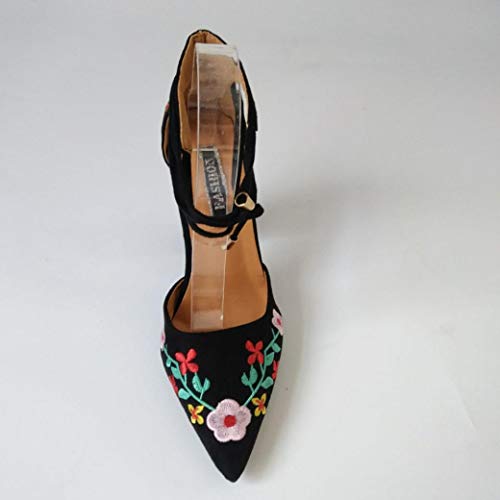 Zapato mujer negro bordado, Covermason Bordado de flores silvestres para mujeres con puntas crudas de tacón alto