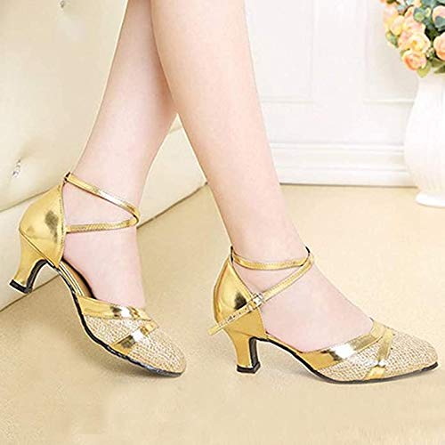 Zapatos de Baile del Tango de la Sandalia del talón de la Bomba Mujer Sandalias de la Boda Zapatos de tacón Mujer Latina Danza,Oro,37