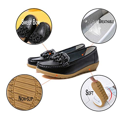 Zapatos de Cuero Cuña para Mujer Mocassins Planos Loafers Antideslizante Otoño Invierno Casual Derby,Negro,EU37