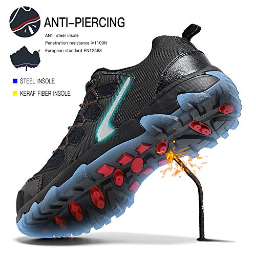 Zapatos de Seguridad para Hombre con Puntera de Acero Zapatillas de Seguridad Trabajo, Calzado de Industrial y Deportiva(A Negro,42 EU)