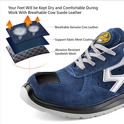 Zapatos de Seguridad para Hombres con Puntera de Fibra de Vidrio - SAFETOE 7328 Zapatillas Ultra-Ligeras Azul (Talla 41, Azul)