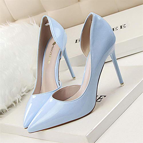 Zapatos de tacón Alto para Mujeres Fiesta Trabajo PU Cable Liso Elegante Escote Disco Sexy Tacones Altos en Punta 10.5cm Tacones Altos para Novia 39 Azul Claro