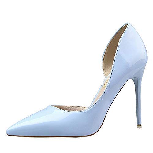 Zapatos de tacón Alto para Mujeres Fiesta Trabajo PU Cable Liso Elegante Escote Disco Sexy Tacones Altos en Punta 10.5cm Tacones Altos para Novia 39 Azul Claro
