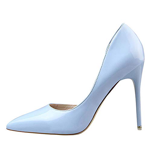 Zapatos de tacón Alto para Mujeres Fiesta Trabajo PU Cable Liso Elegante Escote Disco Sexy Tacones Altos en Punta 10.5cm Tacones Altos para Novia 39 Azul Claro