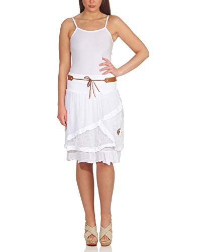 ZARMEXX Falda de verano de mujer hasta la rodilla Falda de algodón Look en capas con cinturón Falda corta de piedra con encaje Tul (blanco, 34-38)