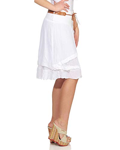 ZARMEXX Falda de verano de mujer hasta la rodilla Falda de algodón Look en capas con cinturón Falda corta de piedra con encaje Tul (blanco, 34-38)