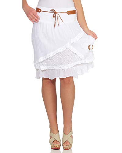 ZARMEXX Falda de verano de mujer hasta la rodilla Falda de algodón Look en capas con cinturón Falda corta de piedra con encaje Tul (blanco, 34-38)