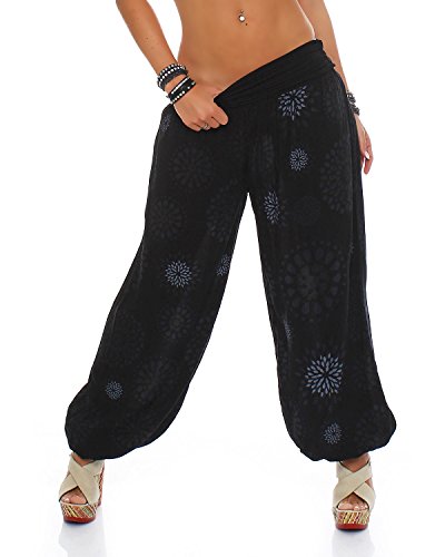 ZARMEXX Pantalones de mujer, bombachos, estilo oriental, de verano, con estampado, para el tiempo libre, talla única negro Einheitsgröße