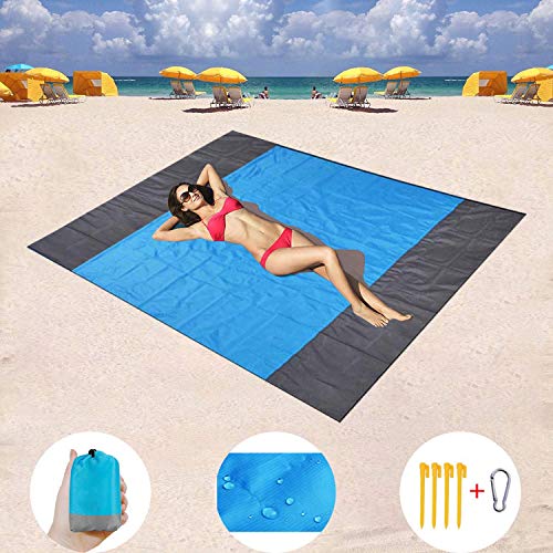 ZealousDream Alfombras de Playa, Toalla Playa Gigante 200 x 200, Manta Picnic Anti-Arena Impermeable con 4 Estaca Fijo para la Playa, Acampar, Picnic y Otra Actividad al Aire Libre (Azul + Gris)