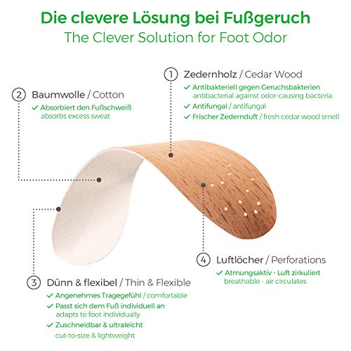Zederna 3 pares plantillas de madera de cedro, para pies sudorosos, olor de pies/calzado. 100% natural y antibactariano. Eficaz contra hongos en pies y uñas. Plantillas frescas/uso sin calcetines 43