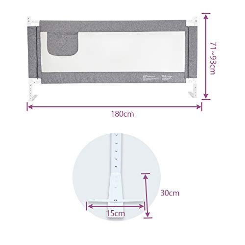 ZEHNHASE Barandilla de La Cama Guardia de Seguridad para Niños, Portátil Barrera de cama para bebé Protección contra caídas, Barandilla cama(180cm,Gris,1pcs)