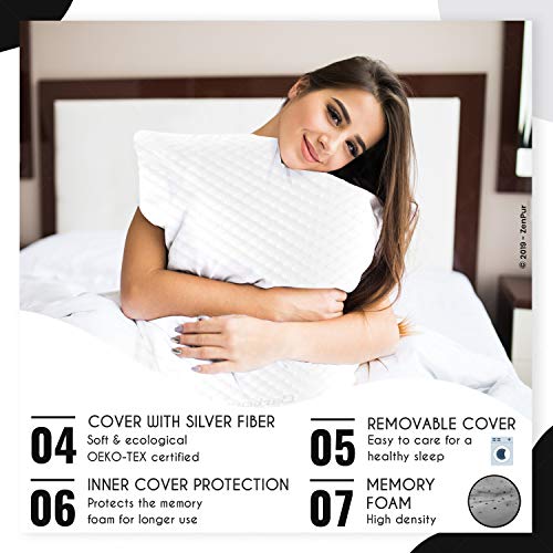 ZenPur Almohada Cervical Viscoelástica Antitranspirante [Set de 2] – Almohada Viscoelástica con Hilos de Plata Enriquecida con Carbón Activo - Almohada Memory Foam– Tamaño 40 x 60 cm