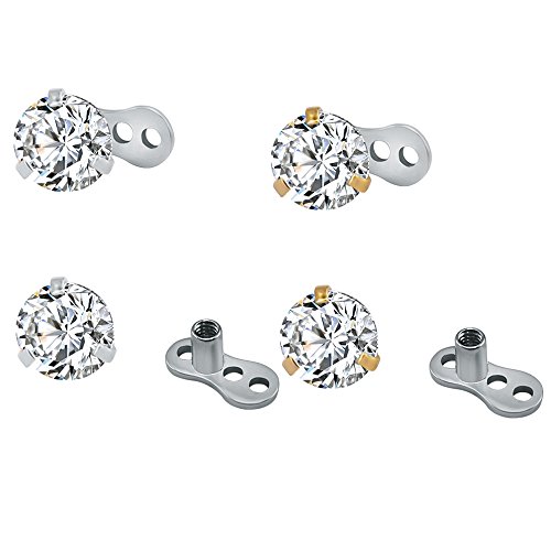 ZeSen Jewelry De Acero quirúrgico Brillante rRound Cubic Zirconia Parte Superior dérmica Ancla y Microdermals Base Perforación 14g 4 Piezas Zirconia cúbica: 3 mm