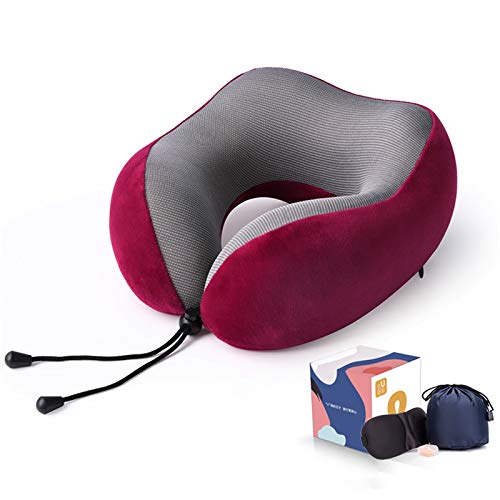ZHANGZHIYUA Almohada De Viaje, Almohada De Espuma Viscoelástica para El Cuello Y La Cabeza, Kit De Viaje En Avión con Máscaras para Los Ojos Contorneadas En 3D, Tapones para Los Oídos Y Bolsa, Rojo