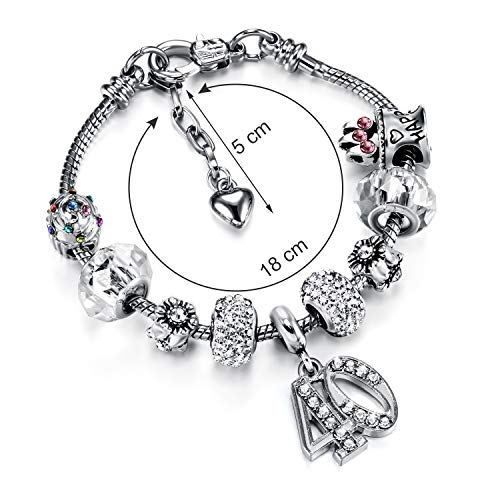 Zhanmai Pulsera de Encanto de Cumpleaños de Mujeres Colgantes de Número con Caja de Regalo Juego de Tarjetas de Felicitación para Edades Disponibles 16, 18, 20, 21, 30, 40, 50, 60, 70 y 80 (40)