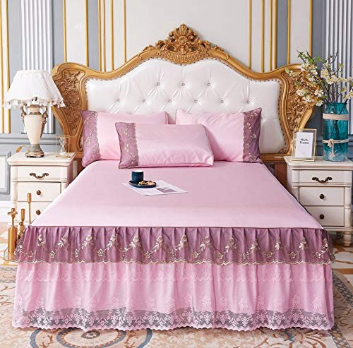 Zhiyuan Colcha de Verano con Volantes de Encaje + 2 Fundas de Almohada en Seda de Hielo 150 x 200 x 42 cm, Rosa