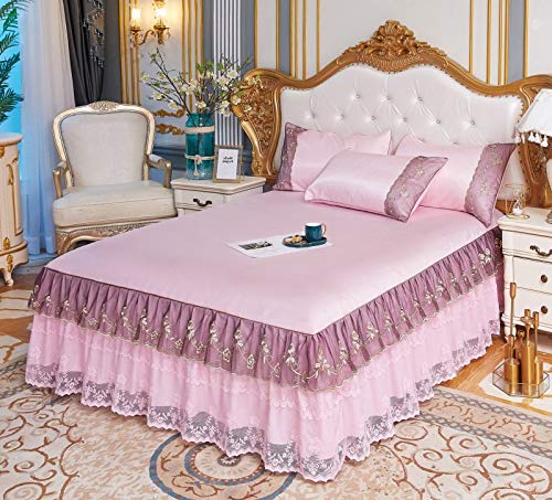 Zhiyuan Colcha de Verano con Volantes de Encaje + 2 Fundas de Almohada en Seda de Hielo 150 x 200 x 42 cm, Rosa