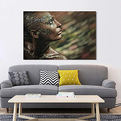 zhuziji Arte Carteles e Impresiones Vintage Retrato de Maquillaje Brillante Glamour de Mujer Africana En Lienzo Regalo Fotos Obra de Arte para el Dormitorio Decoración 50x70 cm(Sin Marco)