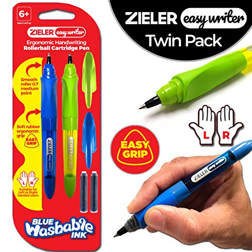 Zieler - Paquete de 2 bolígrafos ergonómicos para escritura a mano - Aptos para diestros y zurdos - Mango ergonómico de goma suave - Punta de 0,7 mm media, trazado elegante - 2 cartuchos de tinta