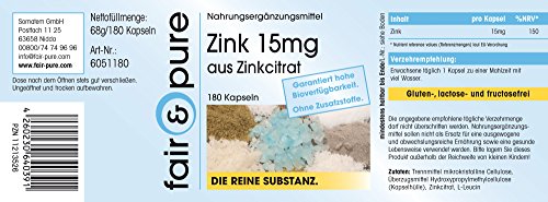 Zinc 15mg - Suplemento de Citrato de Zinc - Vegano - Alta pureza - 180 Cápsulas