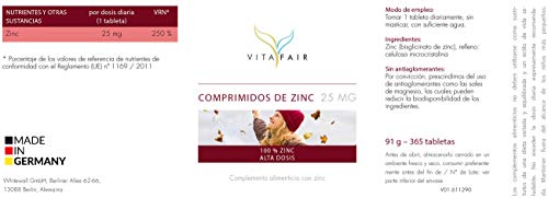 Zinc - 25mg por Porción - 365 Comprimidos - Provisión Anual - 250% de la Necesidad Diaria - Dosis Alta de Bisglycinato de Zinc - Vegano - Máxima Biodisponibilidad - German Quality