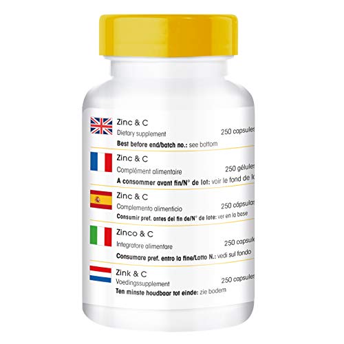 Zinc y Vitamina C – Vegano – Vitamina C 300mg + Zinc 5mg – 250 cápsulas