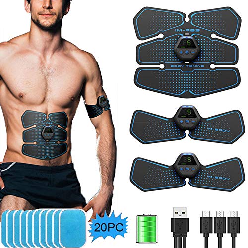ZIXINCEN Electroestimulador Muscular Abdominales, USB Recargable EMS Estimulador Muscular Abdominales, 10 Modos, 20 Niveles Diferentes para Abdomen/Cintura/Pierna/Brazo