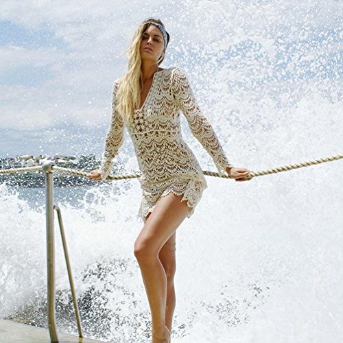 ZKOOO Mujeres Sexy Larga Mangas Hueco Borlas Vestido de Kaftan Playa V-Cuello Crochet Traje De Baño Bikini Ropa De Caftanes Playa Cover Up Blanco