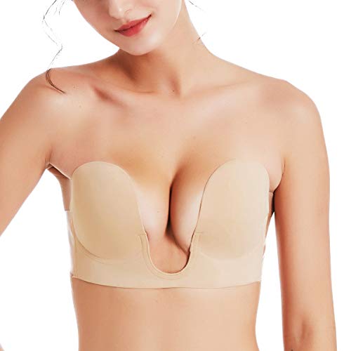 ZOEREA Sujetador Invisible de Mujer sin Tirantes Adhesivo Autoadhesivo Push Up Sin Espalda de Silicona Reutilizable Bra Paquete 1 y 2 (Beige, Copa C)
