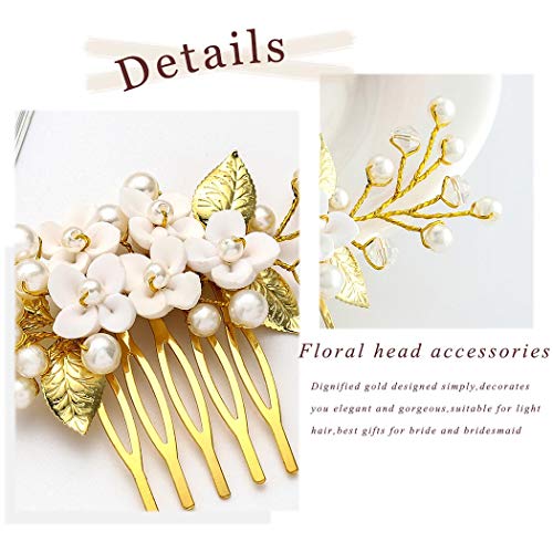 Zoestar - Peines para el pelo de la novia con perlas doradas para novia, joyería para el cabello nupcial para las mujeres