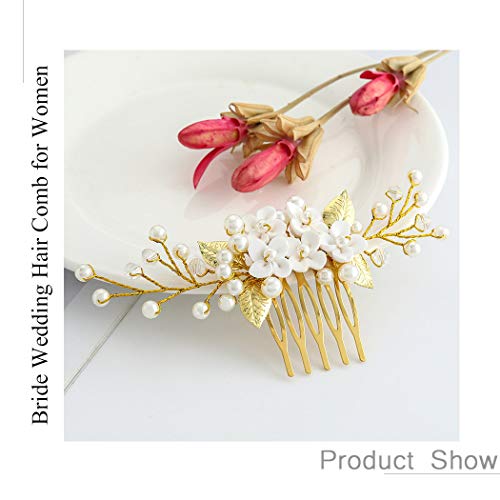 Zoestar - Peines para el pelo de la novia con perlas doradas para novia, joyería para el cabello nupcial para las mujeres