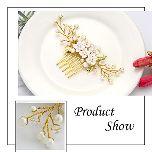 Zoestar - Peines para el pelo de la novia con perlas doradas para novia, joyería para el cabello nupcial para las mujeres
