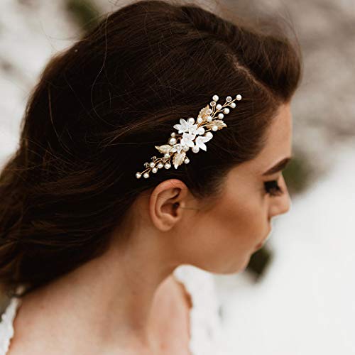 Zoestar - Peines para el pelo de la novia con perlas doradas para novia, joyería para el cabello nupcial para las mujeres