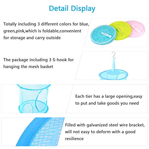 ZoomSky 3pcs Cesta de Almacenamiento de Malla Colgante Organizador de Juguetes de Ahorro de Espacio Plegable con 3pcs S Ganchos para Habitación de Niños Baño Pared Balcón Armario