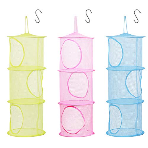 ZoomSky 3pcs Cesta de Almacenamiento de Malla Colgante Organizador de Juguetes de Ahorro de Espacio Plegable con 3pcs S Ganchos para Habitación de Niños Baño Pared Balcón Armario