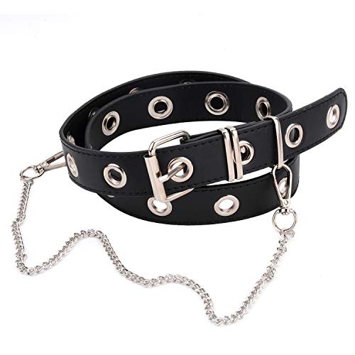ZOYLINK Cinturón Elástico Cinturón Mujer Cuero Negro Cinturón Jeans Cinturón Moda Hollow Punk Cinturón Estilo Pantalones Cinturón con Cadena Mujer
