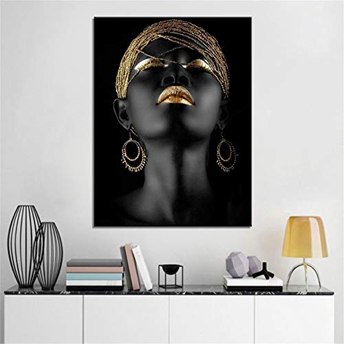 ZSLMX Arte De La Pared Impresa Lienzo Mujer Afroamericana Mujer Negra Pintura Modelo Moda con Labios Sexy Dorados Maquillaje En La Cara Ilustraciones para La DecoracióN Sala Estar, Sin Marco,60x80cm