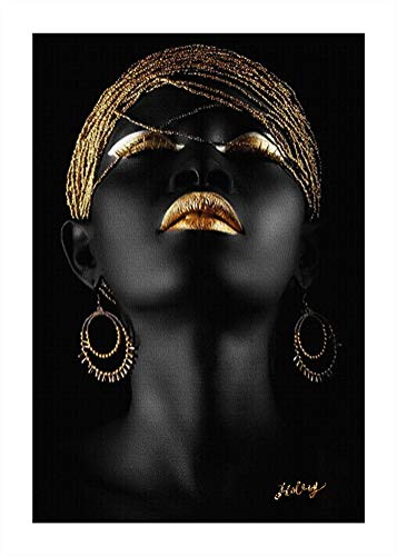 ZSLMX Arte De La Pared Impresa Lienzo Mujer Afroamericana Mujer Negra Pintura Modelo Moda con Labios Sexy Dorados Maquillaje En La Cara Ilustraciones para La DecoracióN Sala Estar, Sin Marco,60x80cm