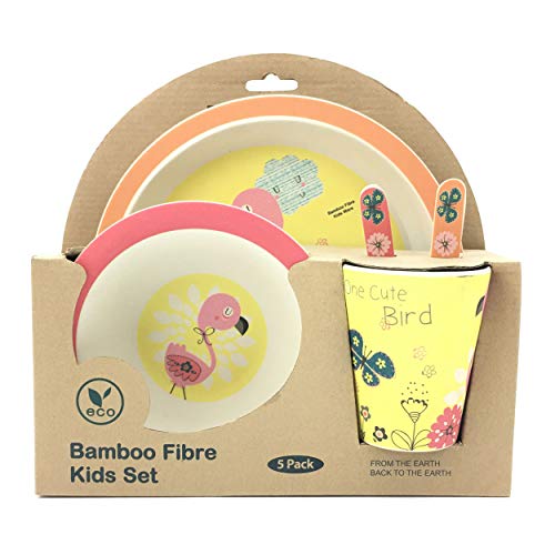 ZT Set vajilla Infantil de bambú sin BPA, 5 Piezas, Servicio de Mesa cubertería para niños Vaso de Beber Plato para niños, Ecológico y Biodegradable. (Flamenco)
