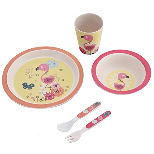ZT Set vajilla Infantil de bambú sin BPA, 5 Piezas, Servicio de Mesa cubertería para niños Vaso de Beber Plato para niños, Ecológico y Biodegradable. (Flamenco)