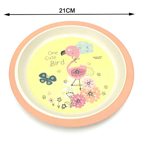ZT Set vajilla Infantil de bambú sin BPA, 5 Piezas, Servicio de Mesa cubertería para niños Vaso de Beber Plato para niños, Ecológico y Biodegradable. (Flamenco)