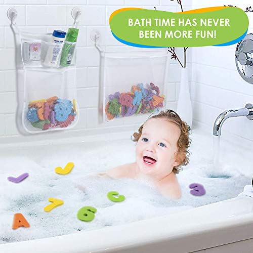 ZWOOS Juguetes para el Baño, 36 Piezas Números y Letras de Baño con 2 Red de Baño Almacenamiento Bolsa de Juguete+ 4 Ganchos Adhesivos para Niños Mayores de 3 Años