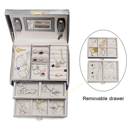 ZXD Joyero, PU, portátil, 3 pisos, caja de maquillaje, con 2 cajones extraíbles, organizador de maquillaje, para anillos/pulsera/reloj