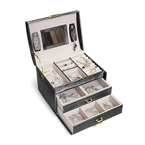 ZXD Joyero, PU, portátil, 3 pisos, caja de maquillaje, con 2 cajones extraíbles, organizador de maquillaje, para anillos/pulsera/reloj