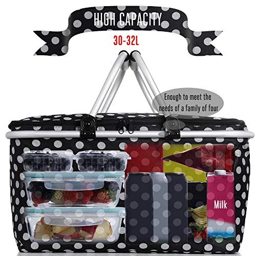 ZYEZI Cesta de Picnic Plegable, Bolsa Impermeable Grande de 32L con Aislamiento, Bolsa de Bebidas para IR de Compras al Aire Libre en Familia